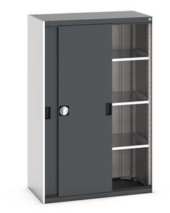 Bott cubio cupboard with lockable sliding doors 1600mm high x 1050mm wide x 525mm deep and supplied with 3 x 100kg capacity shelves.   Ideal for areas with limited space where standard outward opening doors would not be suitable.... Bott Cubio Sliding Solid Door Cupboards with shelves and drawers 1600mm high option available